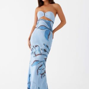 Peppermayo Light Blue Strapless Floral Cutout Maxi Dress
